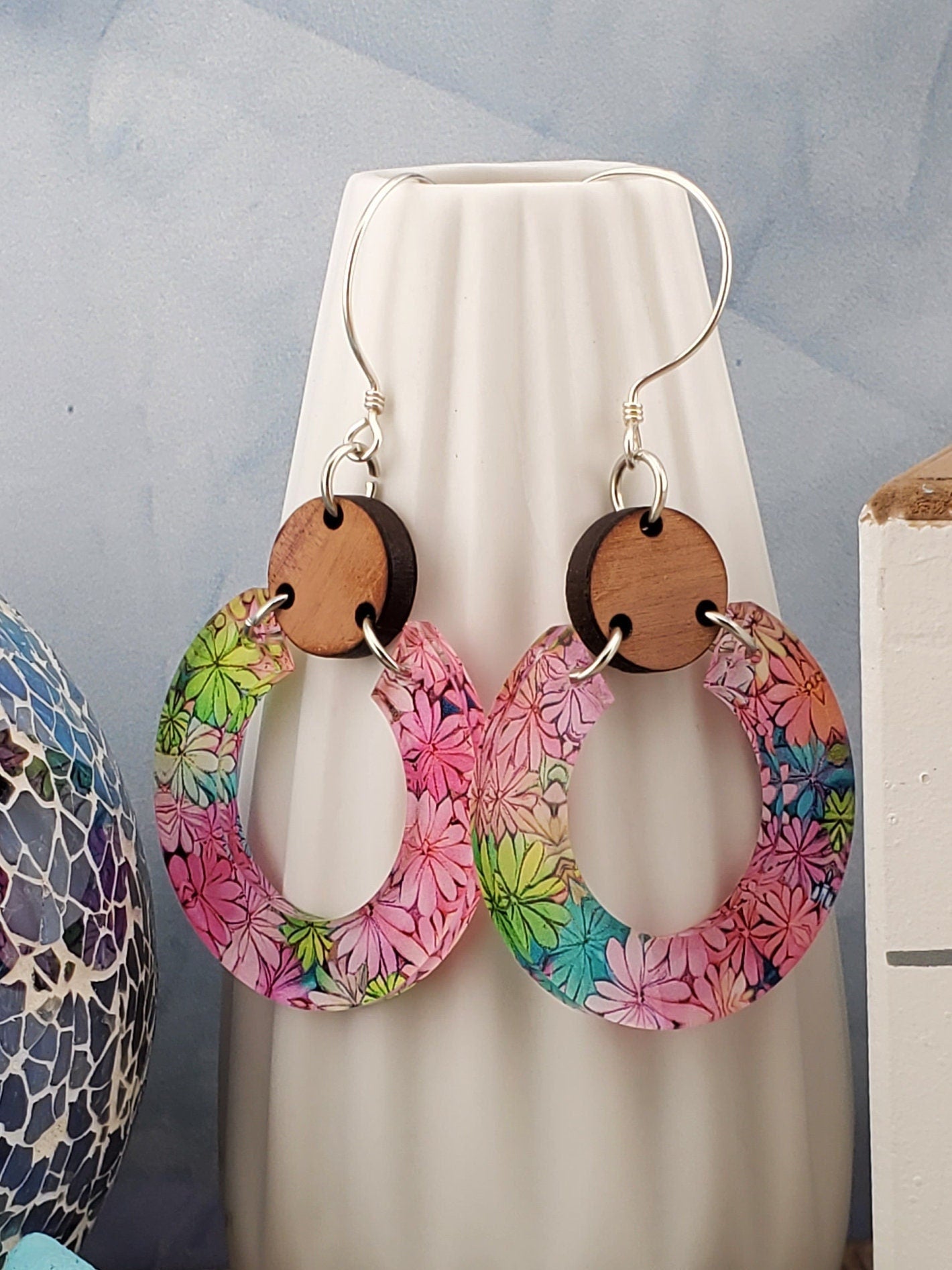 Colorful Flowers Dangle Earrings - Laser cut Lightweight Wood and Acrylic earrings - Sterling Silver Hooks