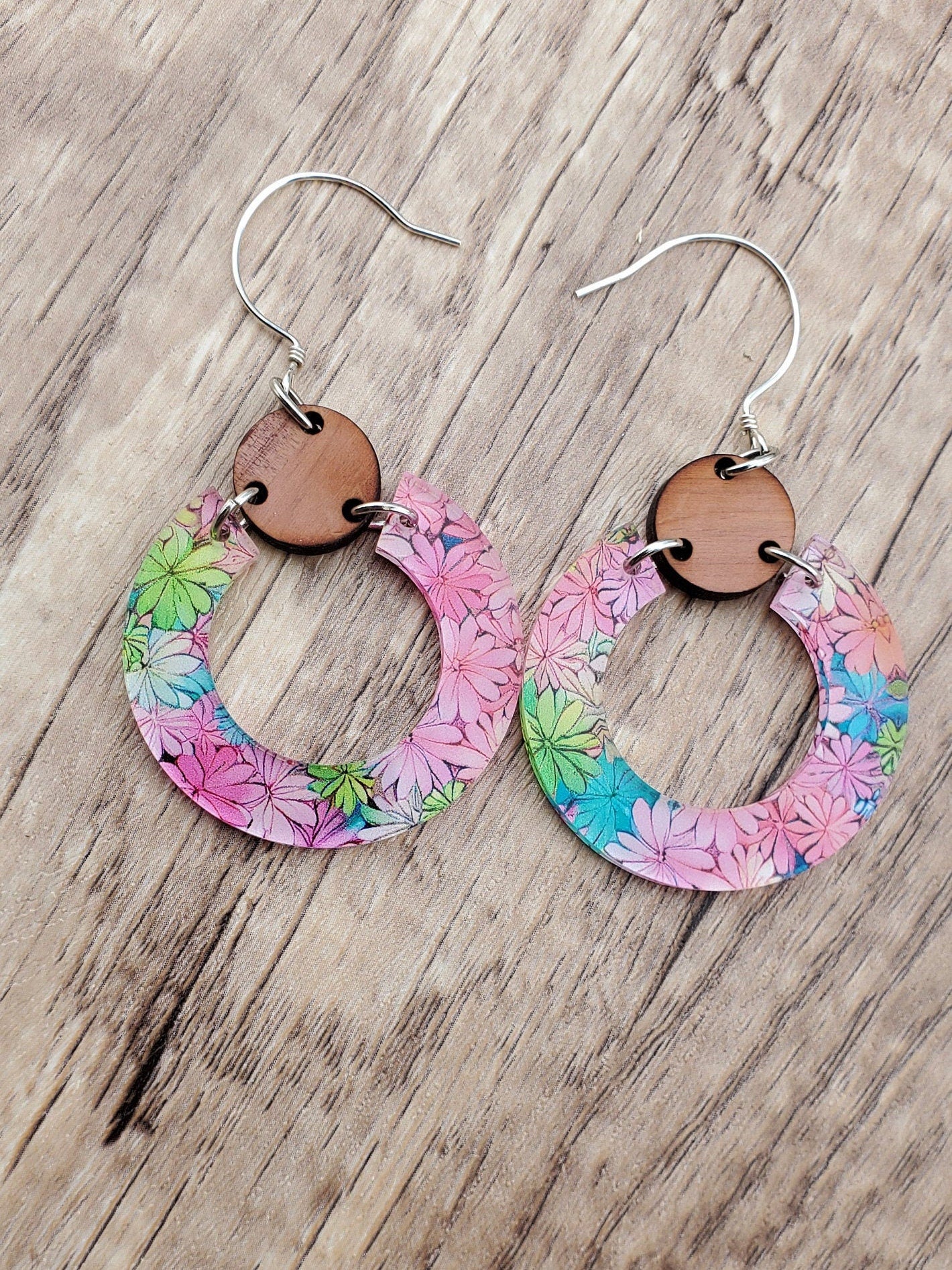 Colorful Flowers Dangle Earrings - Laser cut Lightweight Wood and Acrylic earrings - Sterling Silver Hooks