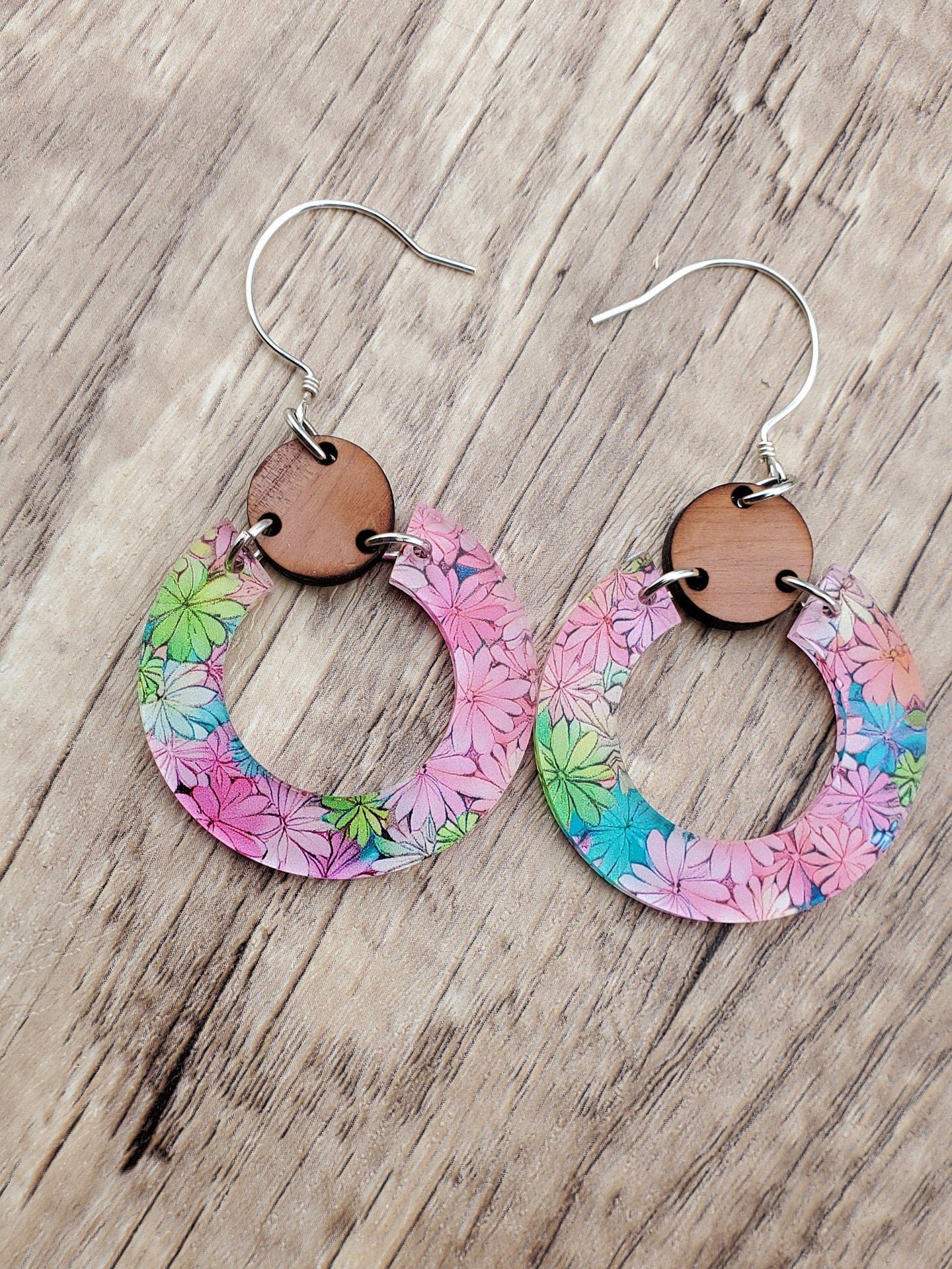 Colorful Flowers Dangle Earrings - Laser cut Lightweight Wood and Acrylic earrings - Sterling Silver Hooks