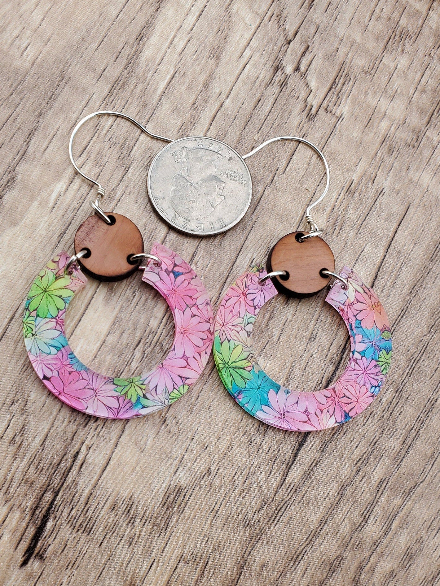 Colorful Flowers Dangle Earrings - Laser cut Lightweight Wood and Acrylic earrings - Sterling Silver Hooks