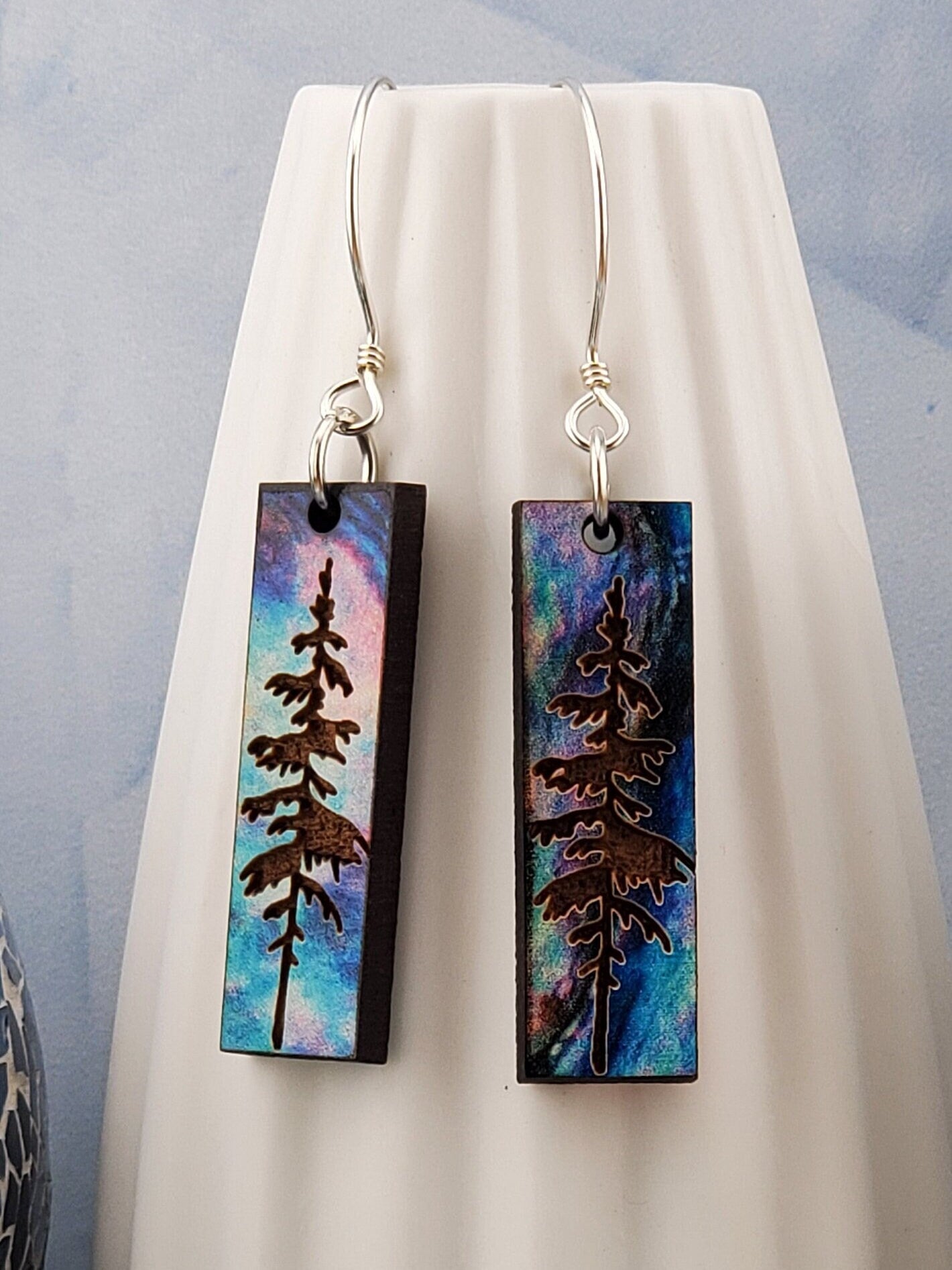 Northern Lights Forest Sky - Laser cut Lightweight Wood earrings - Sterling Silver Hooks