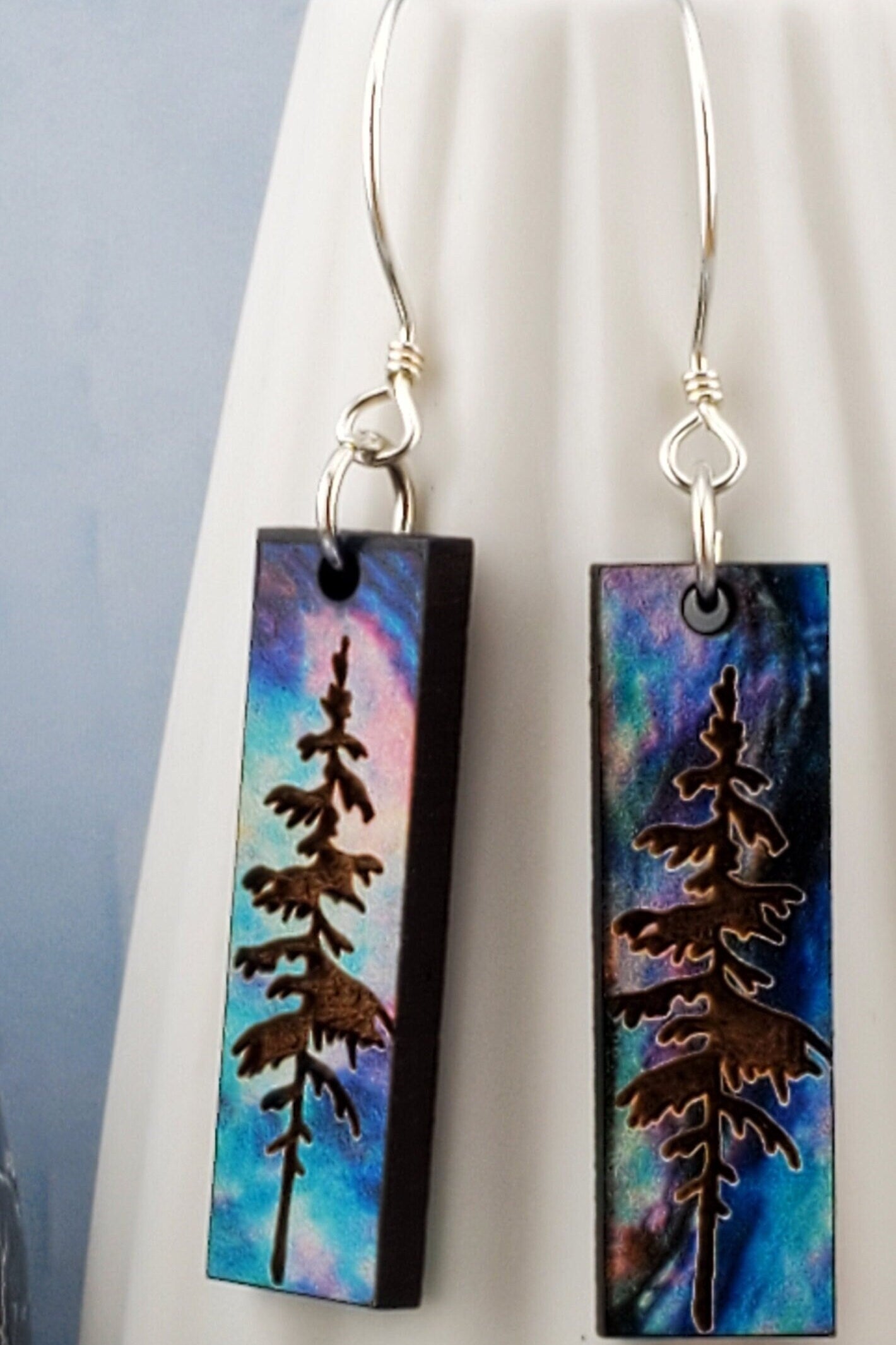 Northern Lights Forest Sky - Laser cut Lightweight Wood earrings - Sterling Silver Hooks