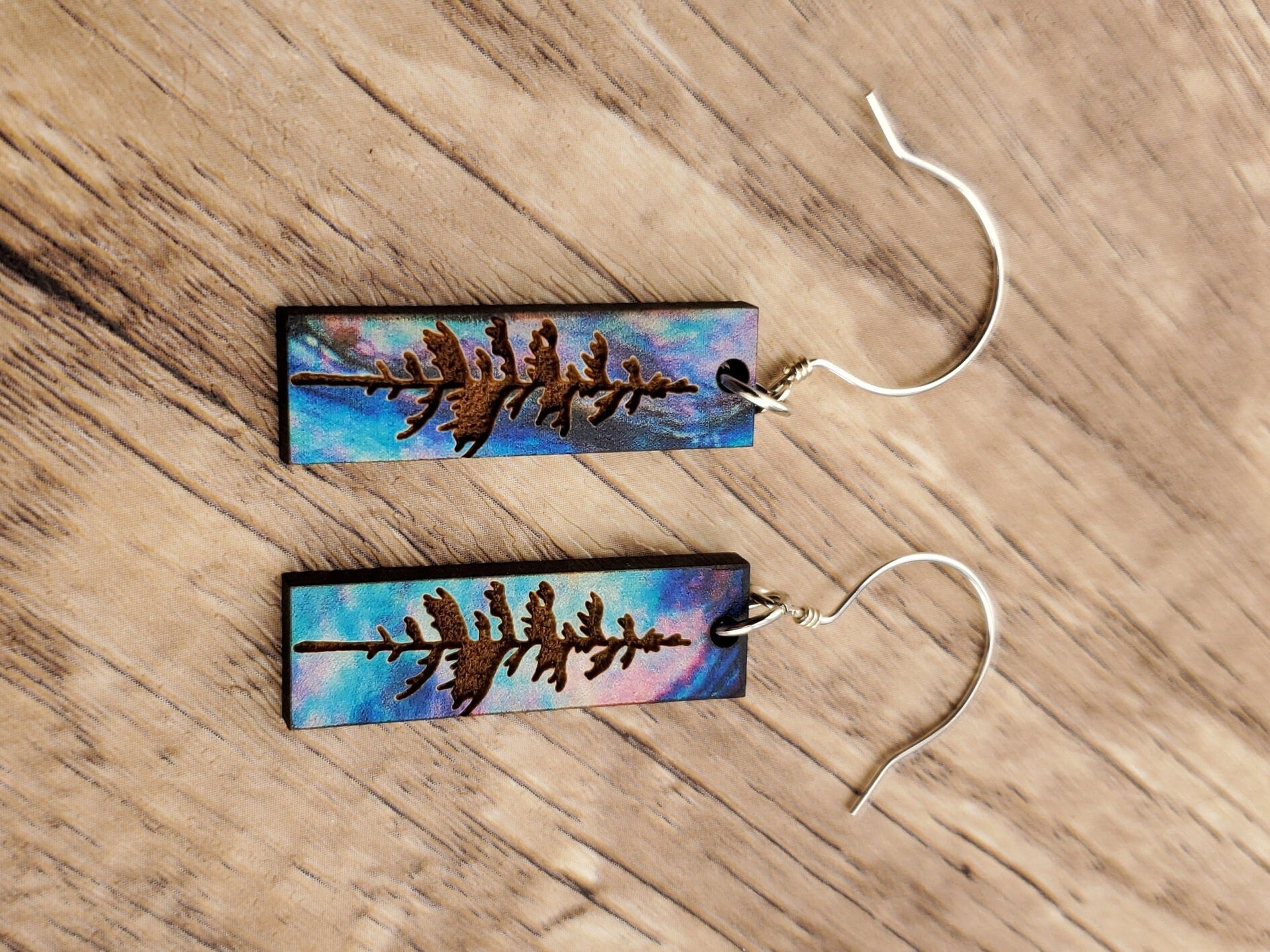 Northern Lights Forest Sky - Laser cut Lightweight Wood earrings - Sterling Silver Hooks