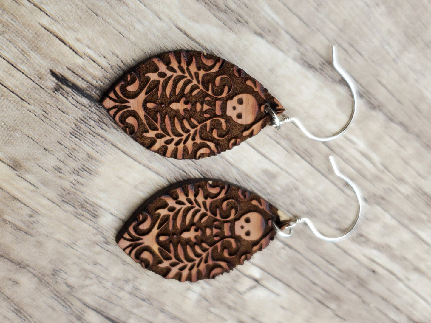 Day of the Dead Skull earrings - Laser cut Lightweight Wood earrings - Sterling Silver Hooks