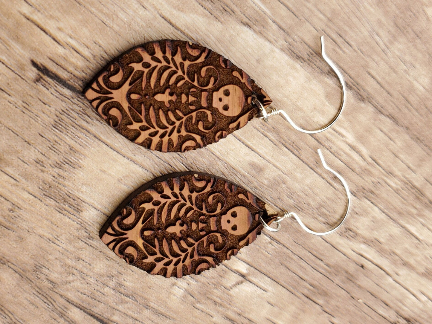 Day of the Dead Skull earrings - Laser cut Lightweight Wood earrings - Sterling Silver Hooks