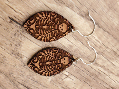 Day of the Dead Skull earrings - Laser cut Lightweight Wood earrings - Sterling Silver Hooks