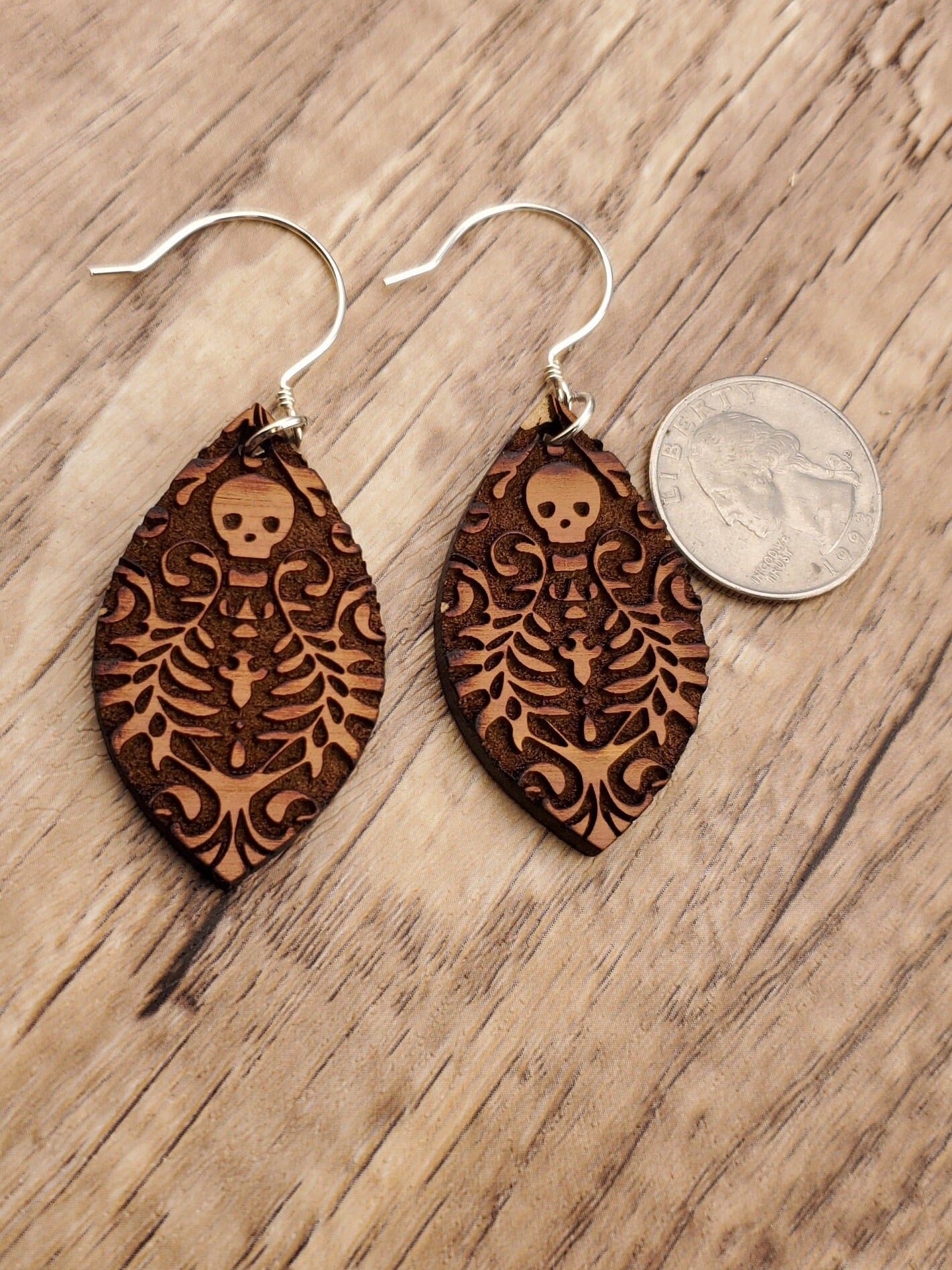 Day of the Dead Skull earrings - Laser cut Lightweight Wood earrings - Sterling Silver Hooks