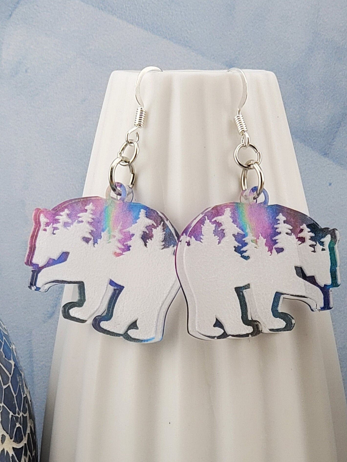 Northern Light Treeline Polar Bear earrings - Laser cut Lightweight Acrylic earrings - Silver Plated Hooks