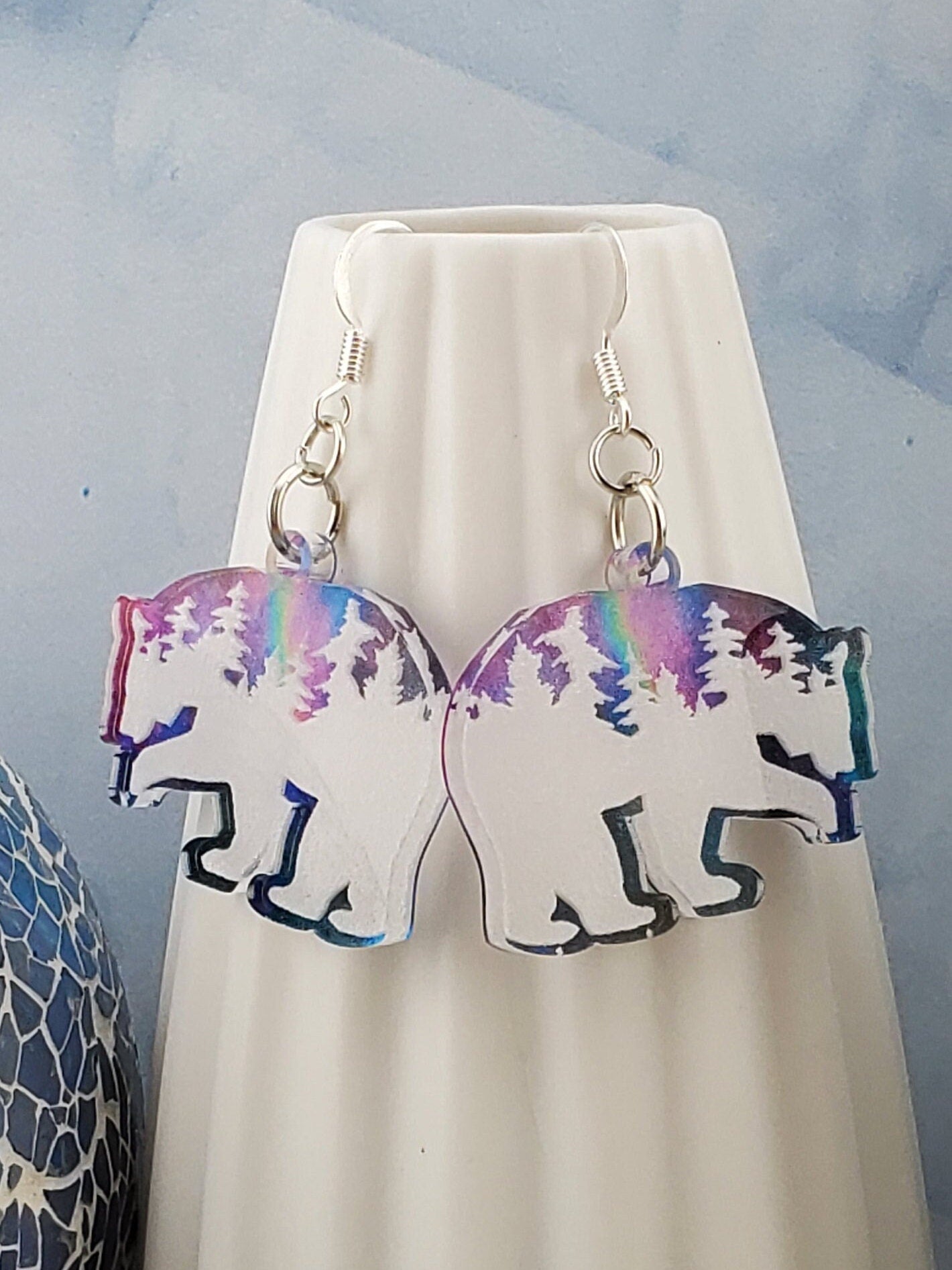 Northern Light Treeline Polar Bear earrings - Laser cut Lightweight Acrylic earrings - Silver Plated Hooks