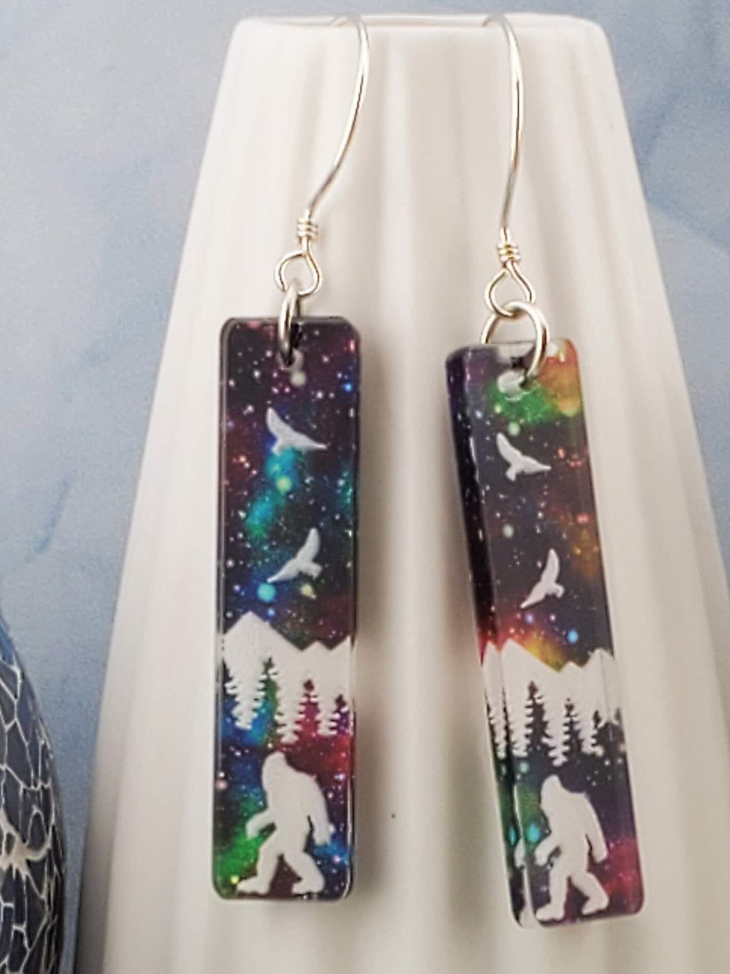 Northern Lights Bigfoot in the Forest - Laser cut Lightweight Acrylic earrings - Sterling Silver Hooks