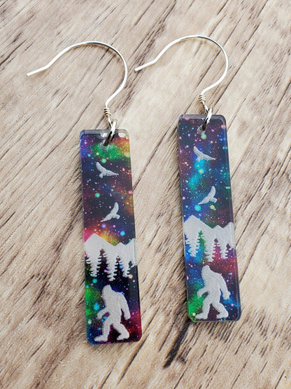 Northern Lights Bigfoot in the Forest - Laser cut Lightweight Acrylic earrings - Sterling Silver Hooks