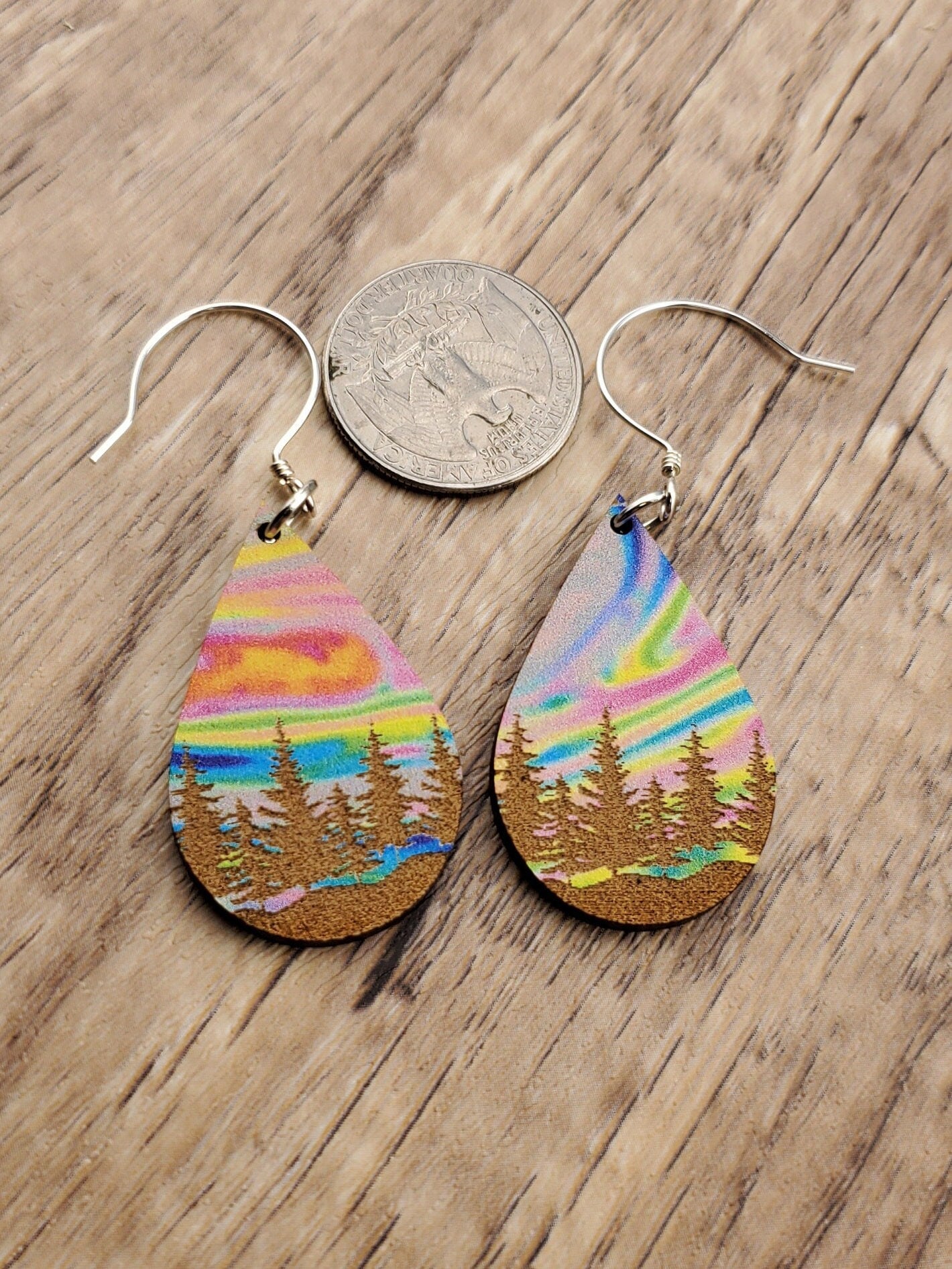 Northern Lights Forest Sky - Laser cut engraved Lightweight Wood earrings - Sterling Silver Hooks