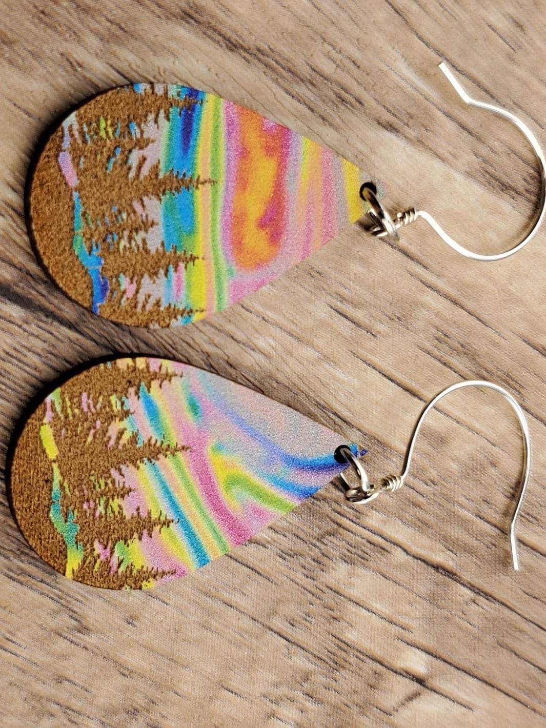 Northern Lights Forest Sky - Laser cut engraved Lightweight Wood earrings - Sterling Silver Hooks