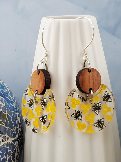 Honey Bee Dangle Earrings - Laser cut Lightweight Wood and Acrylic earrings - Sterling Silver Hooks