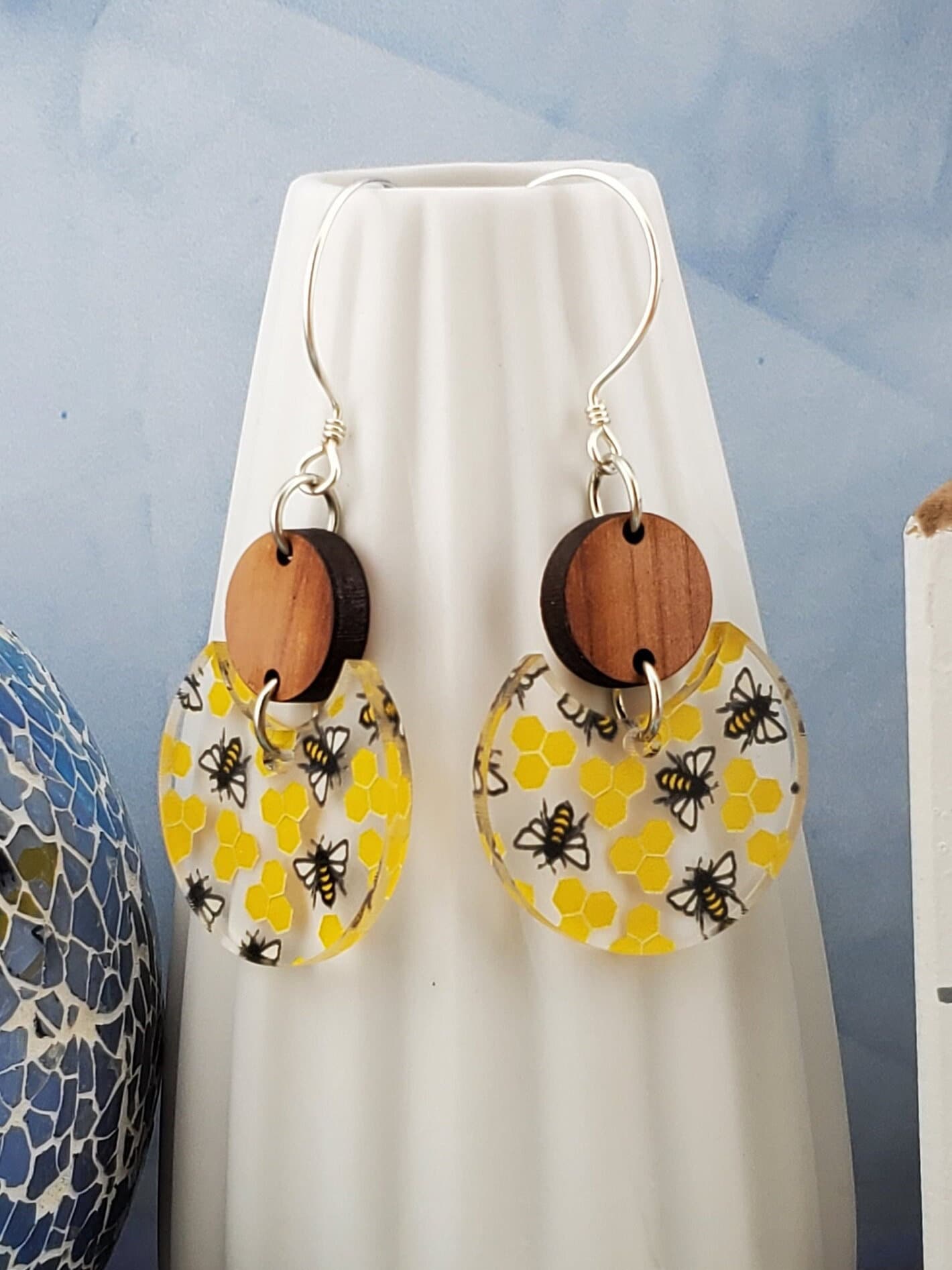 Honey Bee Dangle Earrings - Laser cut Lightweight Wood and Acrylic earrings - Sterling Silver Hooks