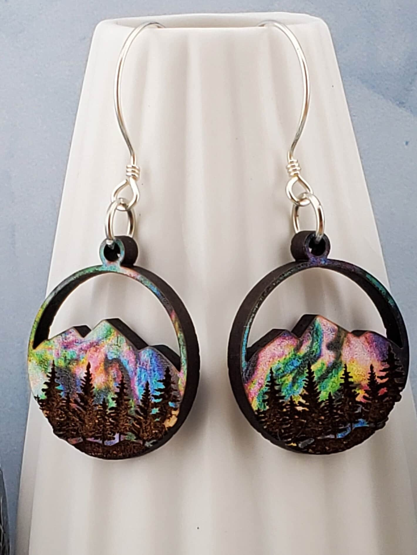 Northern Lights Mountains and Forest Sky - Laser cut Lightweight Wood earrings - Sterling Silver Hooks