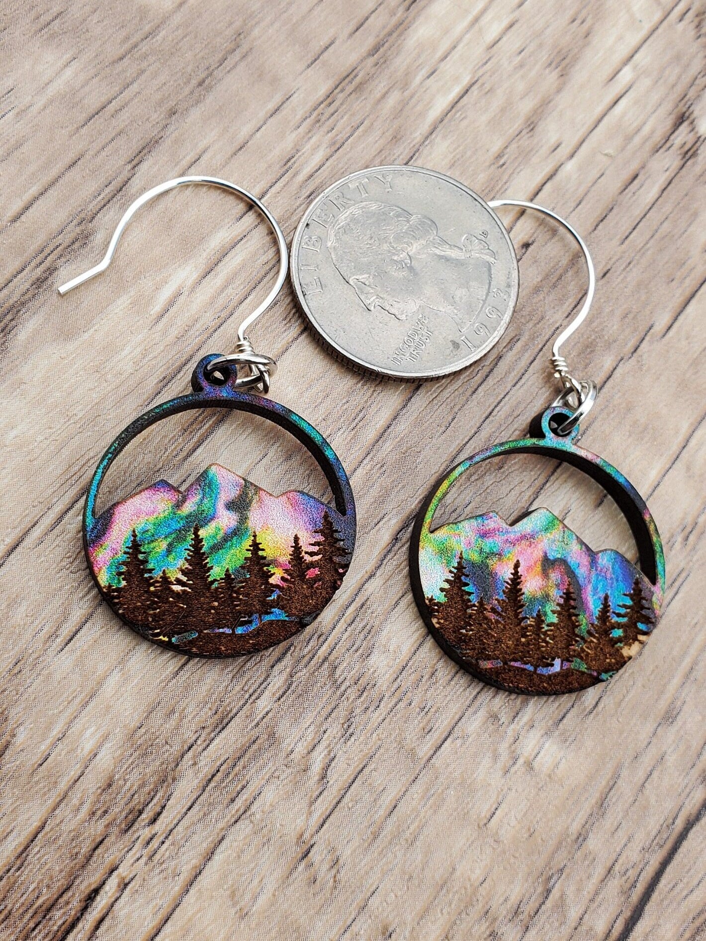 Northern Lights Mountains and Forest Sky - Laser cut Lightweight Wood earrings - Sterling Silver Hooks