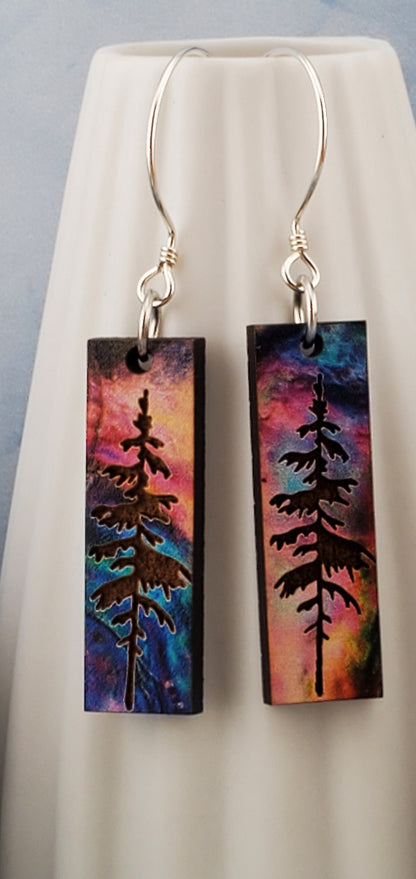 SS Northern Lights Forest Sky - Laser cut Lightweight Wood earrings - Sterling Silver Hooks