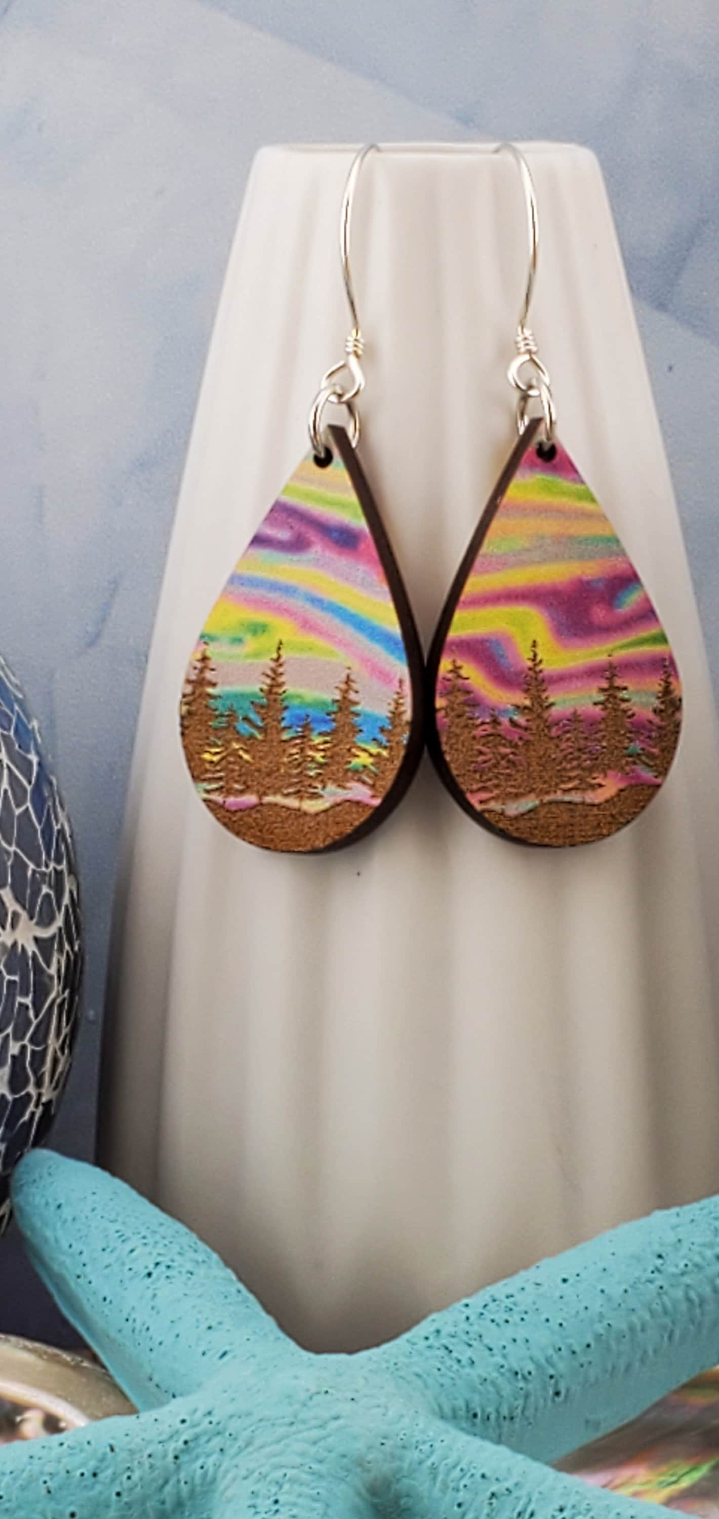 SS Northern Lights Painted Forest Sky - Laser cut Lightweight Wood earrings - Sterling Silver Hooks