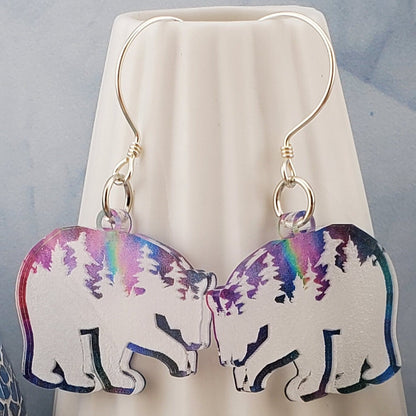 SP Northern Light Treeline Polar Bear earrings - Laser cut Lightweight Acrylic earrings - Silver Plated Hooks