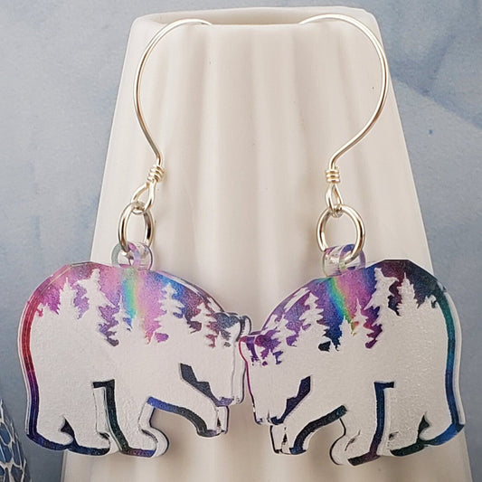 SP Northern Light Treeline Polar Bear earrings - Laser cut Lightweight Acrylic earrings - Silver Plated Hooks