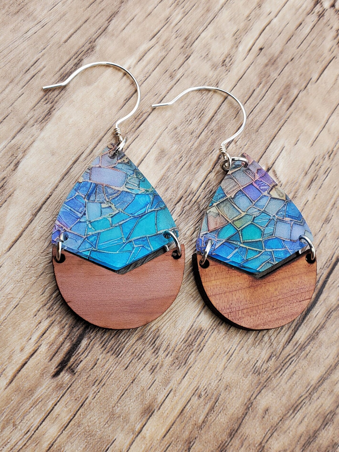 SS - Mermaid Scales Dangle Earrings - Laser cut Lightweight Wood and Acrylic earrings - Sterling Silver Hooks