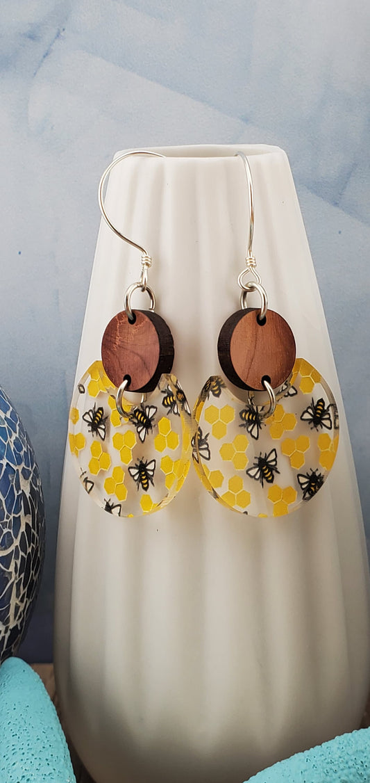 SS Honey Bee Dangle Earrings - Laser cut Lightweight Wood and Acrylic earrings - Sterling Silver Hooks