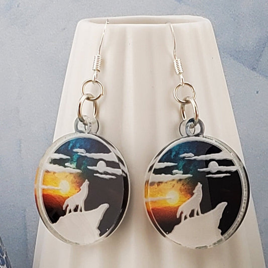 SP Howling Wolf- Sunset Sky earrings - Laser cut Lightweight Acrylic earrings - Silver Plated Hooks