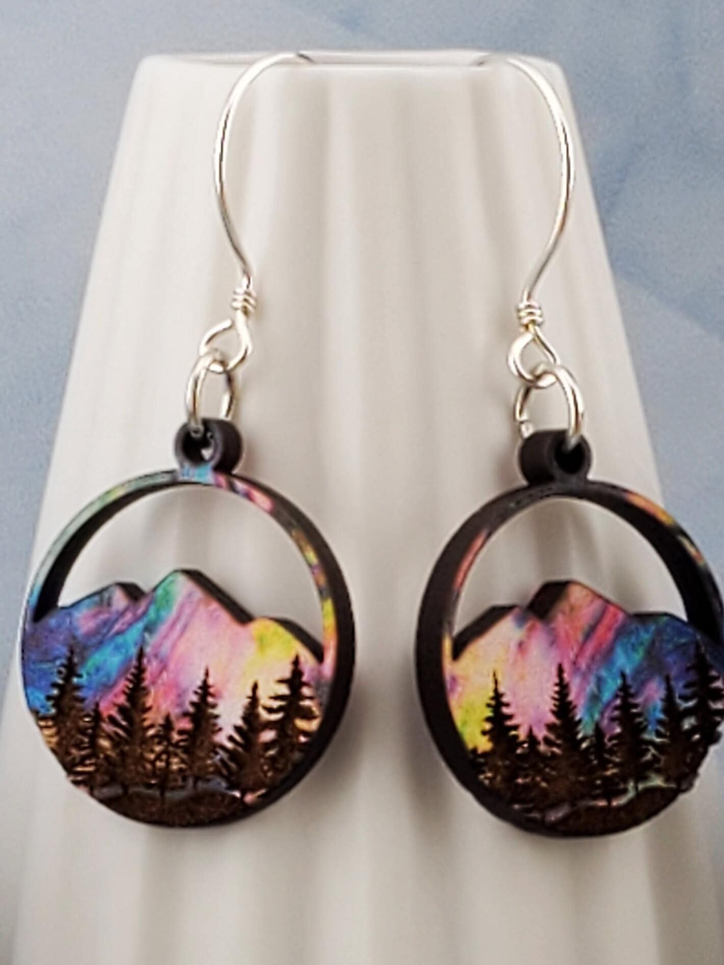 SS Northern Lights over Mountains and Forest - Laser cut Lightweight Wood earrings - Sterling Silver Hooks