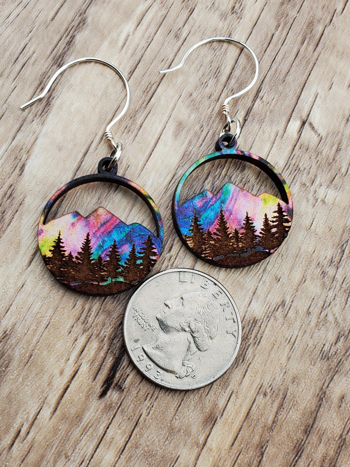 SS Northern Lights over Mountains and Forest - Laser cut Lightweight Wood earrings - Sterling Silver Hooks