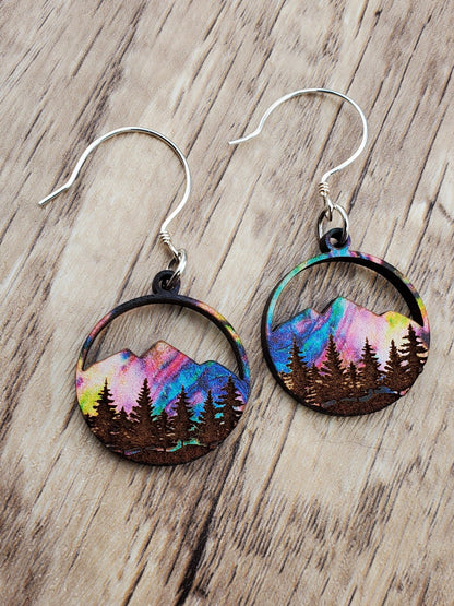 SS Northern Lights over Mountains and Forest - Laser cut Lightweight Wood earrings - Sterling Silver Hooks