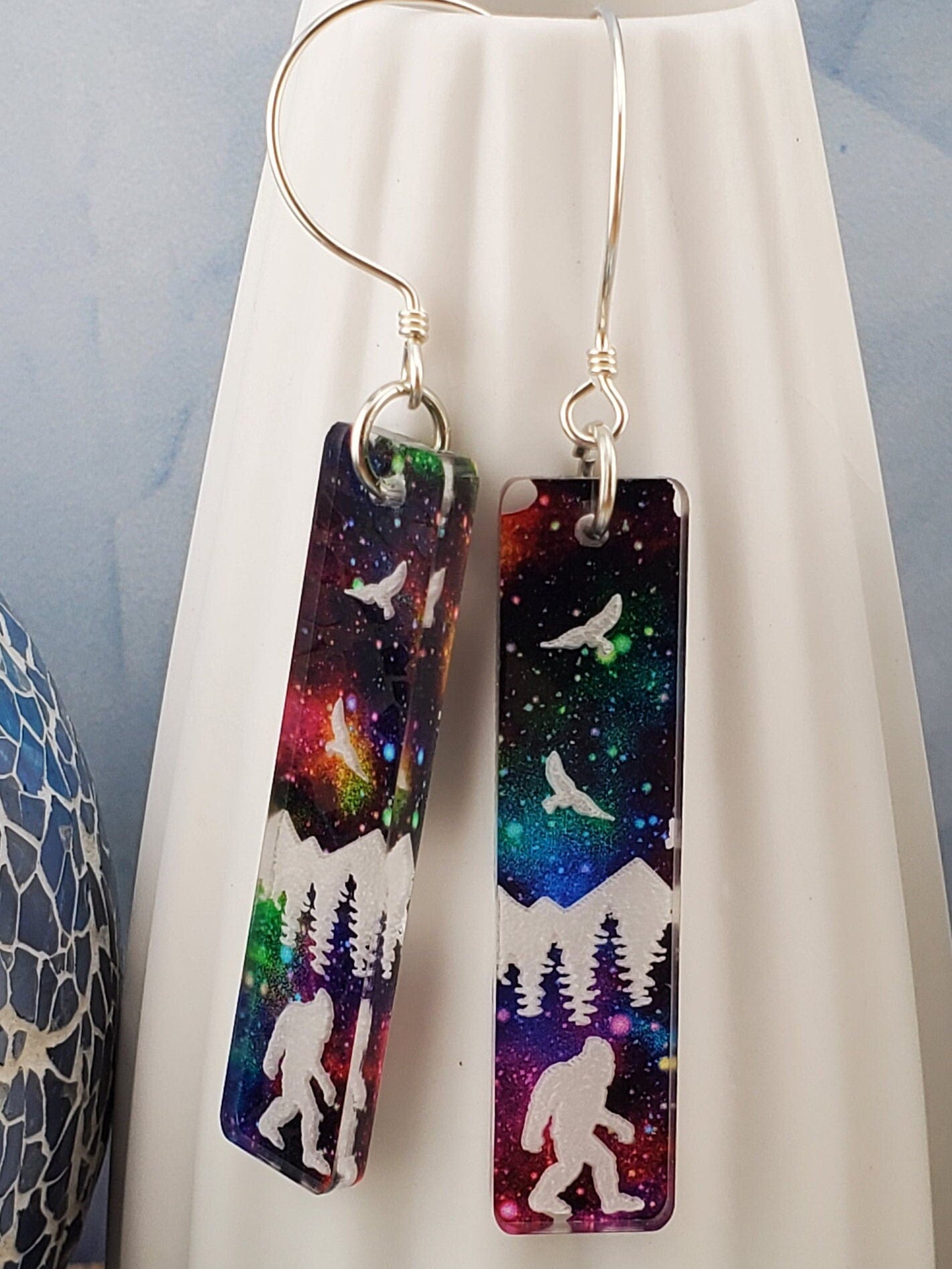 SS Northern Lights BigFoot in the Forest - Laser cut Lightweight Acrylic earrings - Sterling Silver Hooks