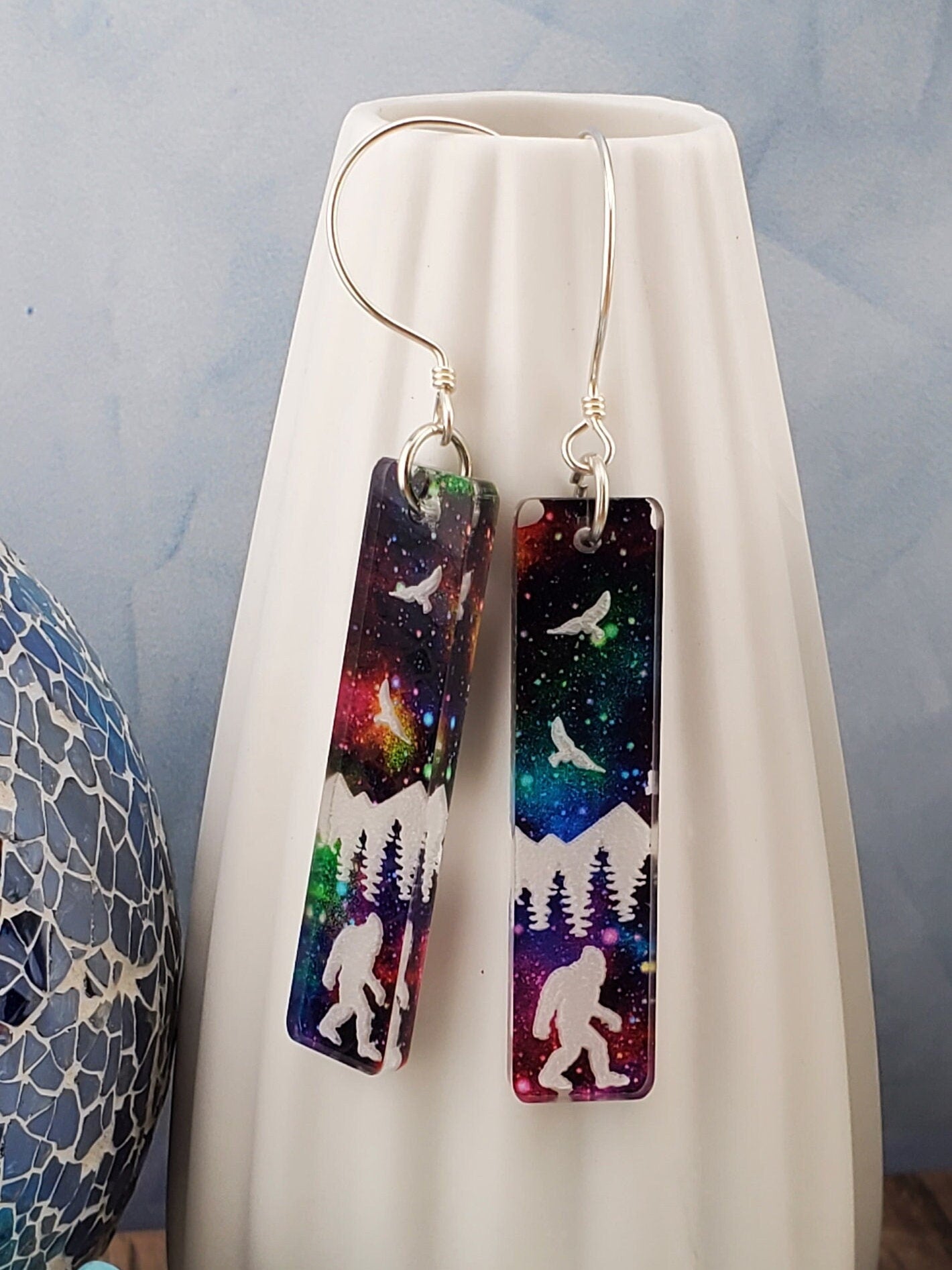 SS Northern Lights BigFoot in the Forest - Laser cut Lightweight Acrylic earrings - Sterling Silver Hooks