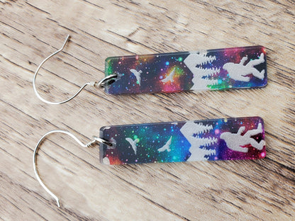 SS Northern Lights BigFoot in the Forest - Laser cut Lightweight Acrylic earrings - Sterling Silver Hooks