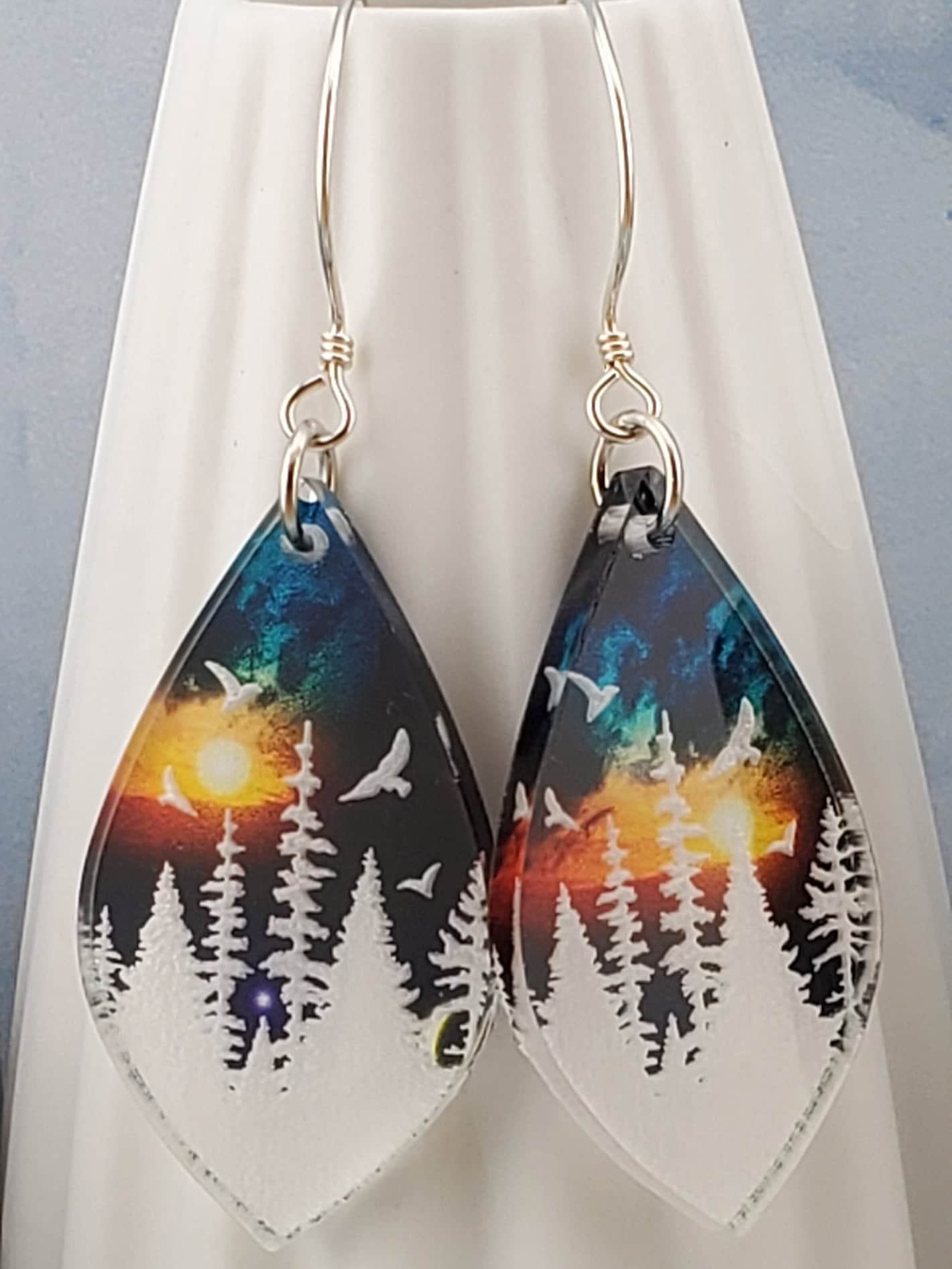 SS Mountain and Lake Sunset Sky - Laser cut Lightweight Acrylic earrings - Sterling Silver Hooks