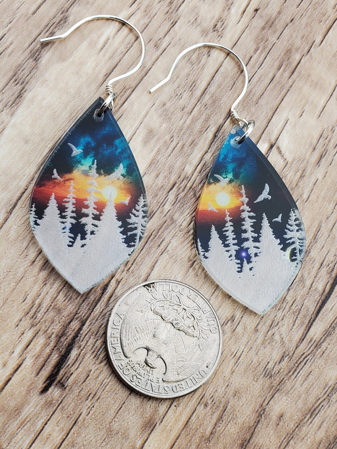 SS Mountain and Lake Sunset Sky - Laser cut Lightweight Acrylic earrings - Sterling Silver Hooks