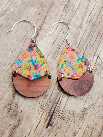 SS Autumn Floral Dangle Earrings - Laser cut Lightweight Wood and Acrylic earrings - Sterling Silver Hooks