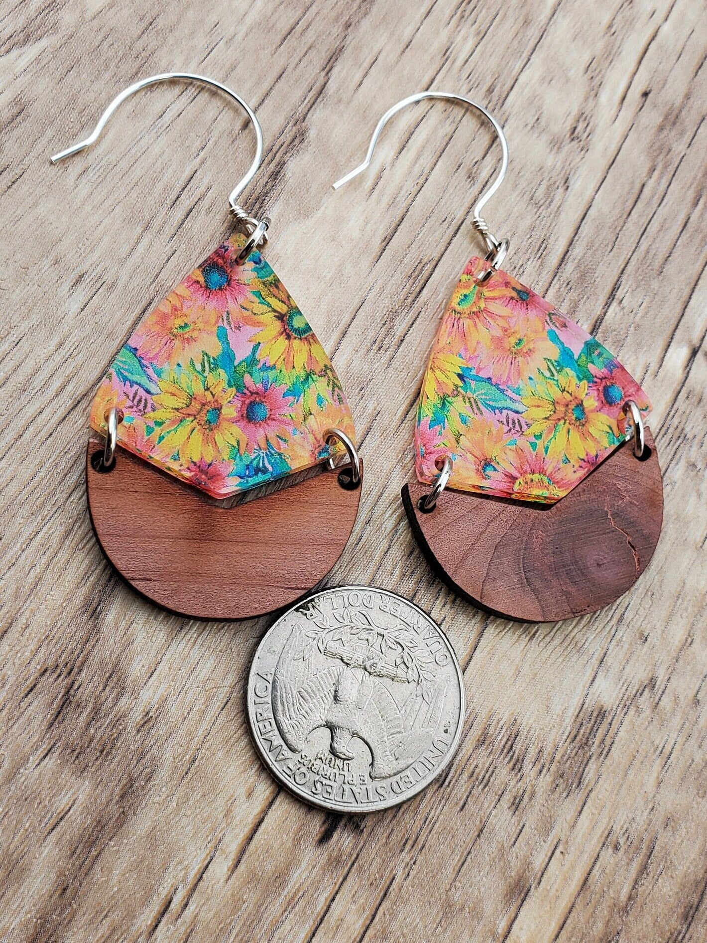 SS Autumn Floral Dangle Earrings - Laser cut Lightweight Wood and Acrylic earrings - Sterling Silver Hooks