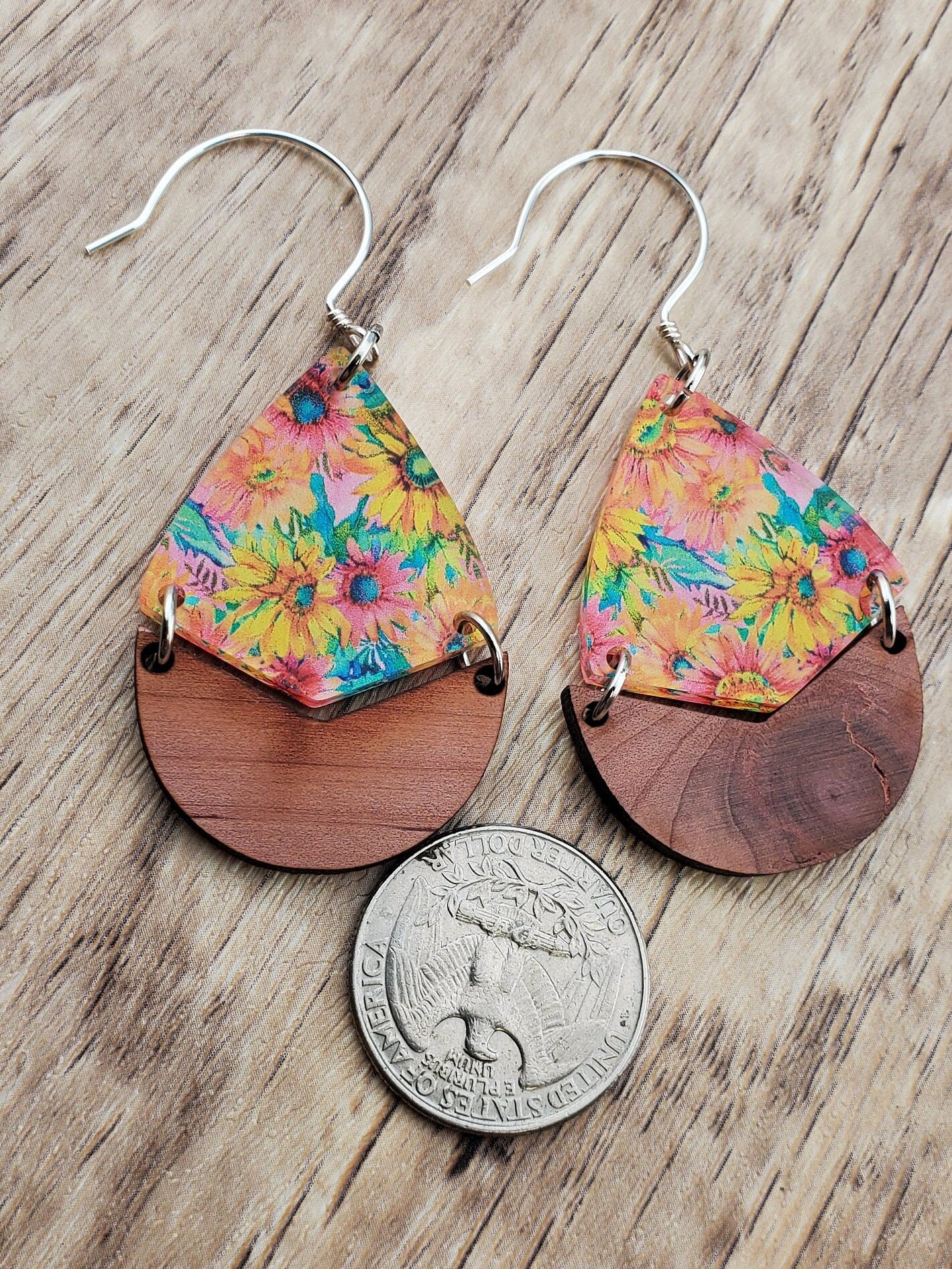 SS Autumn Floral Dangle Earrings - Laser cut Lightweight Wood and Acrylic earrings - Sterling Silver Hooks