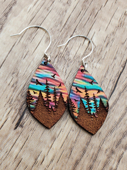 SS Northern Lights Painted Forest Sky - Laser cut Lightweight Wood earrings - Sterling Silver Hooks