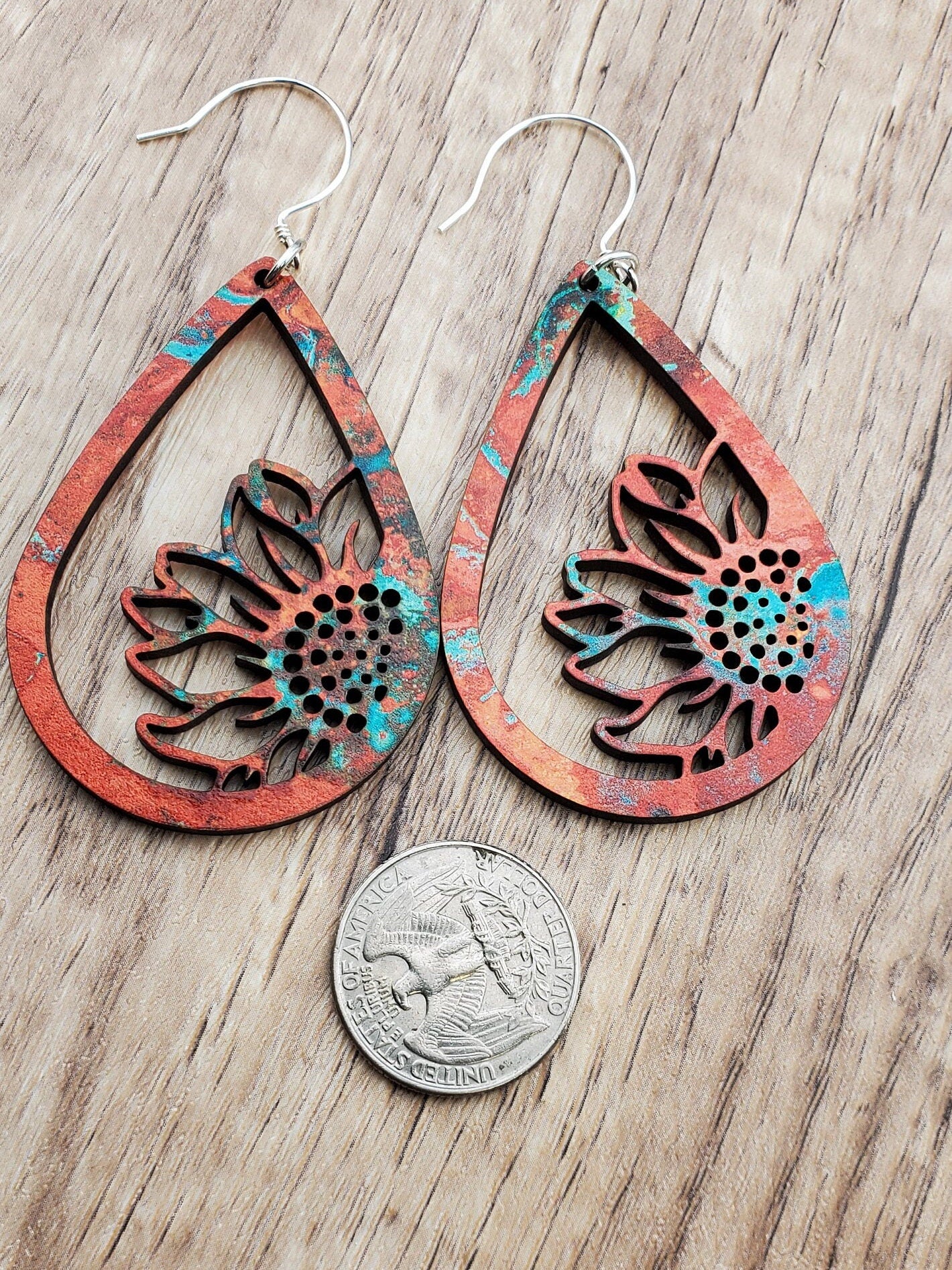 SS Autumn Sunflower - Laser cut Lightweight Wood earrings - Sterling Silver Hooks