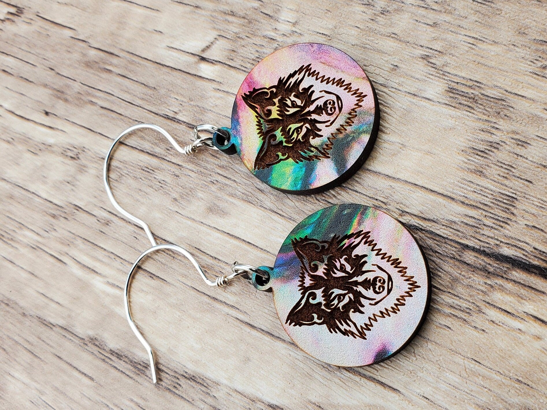 SS Colorful Wolf - Laser cut Lightweight Wood earrings - Sterling Silver Hooks