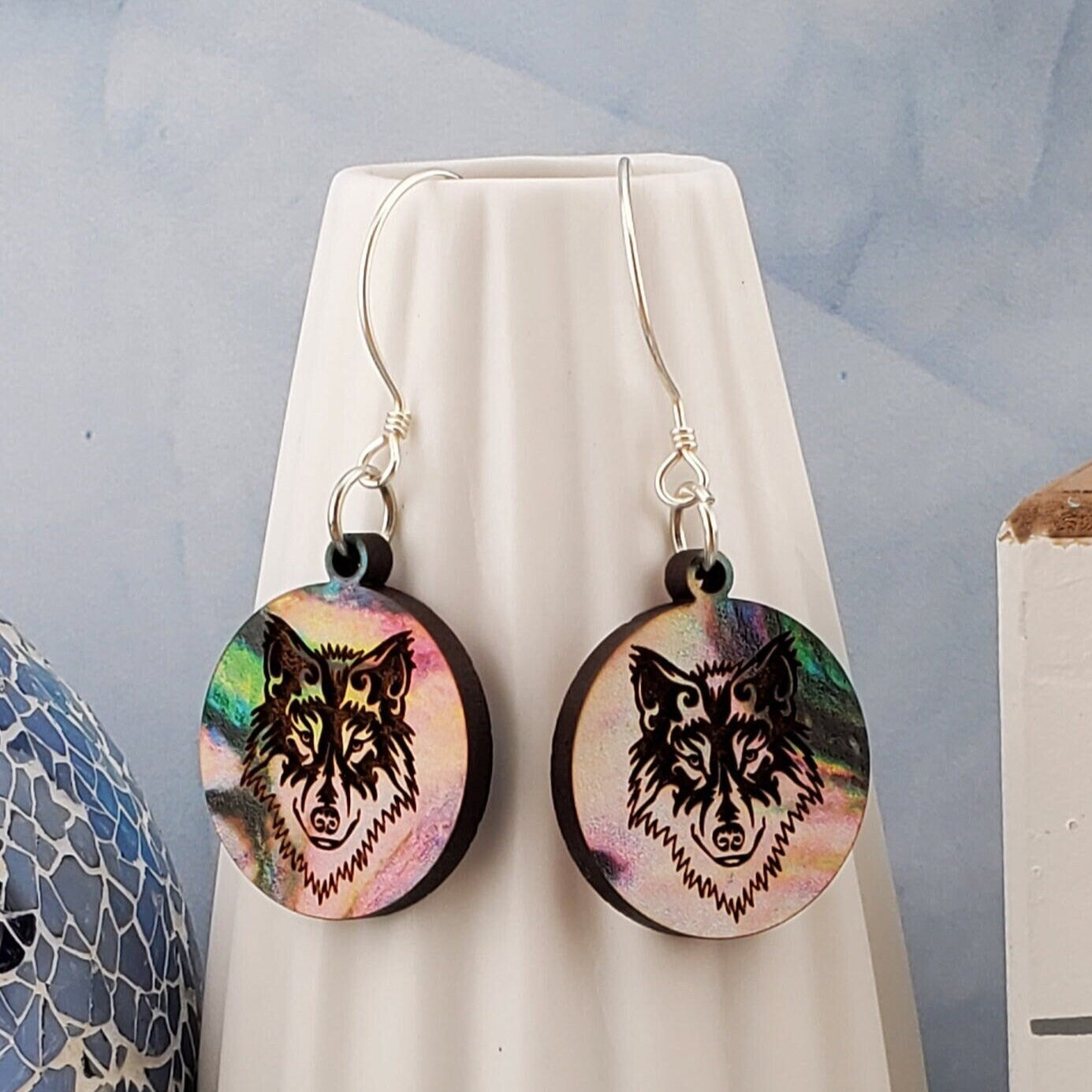 SS Colorful Wolf - Laser cut Lightweight Wood earrings - Sterling Silver Hooks