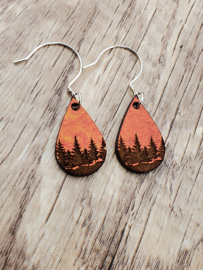 SS Autumn Sunset Forest Sky - Laser cut Lightweight Wood earrings - Sterling Silver Hooks