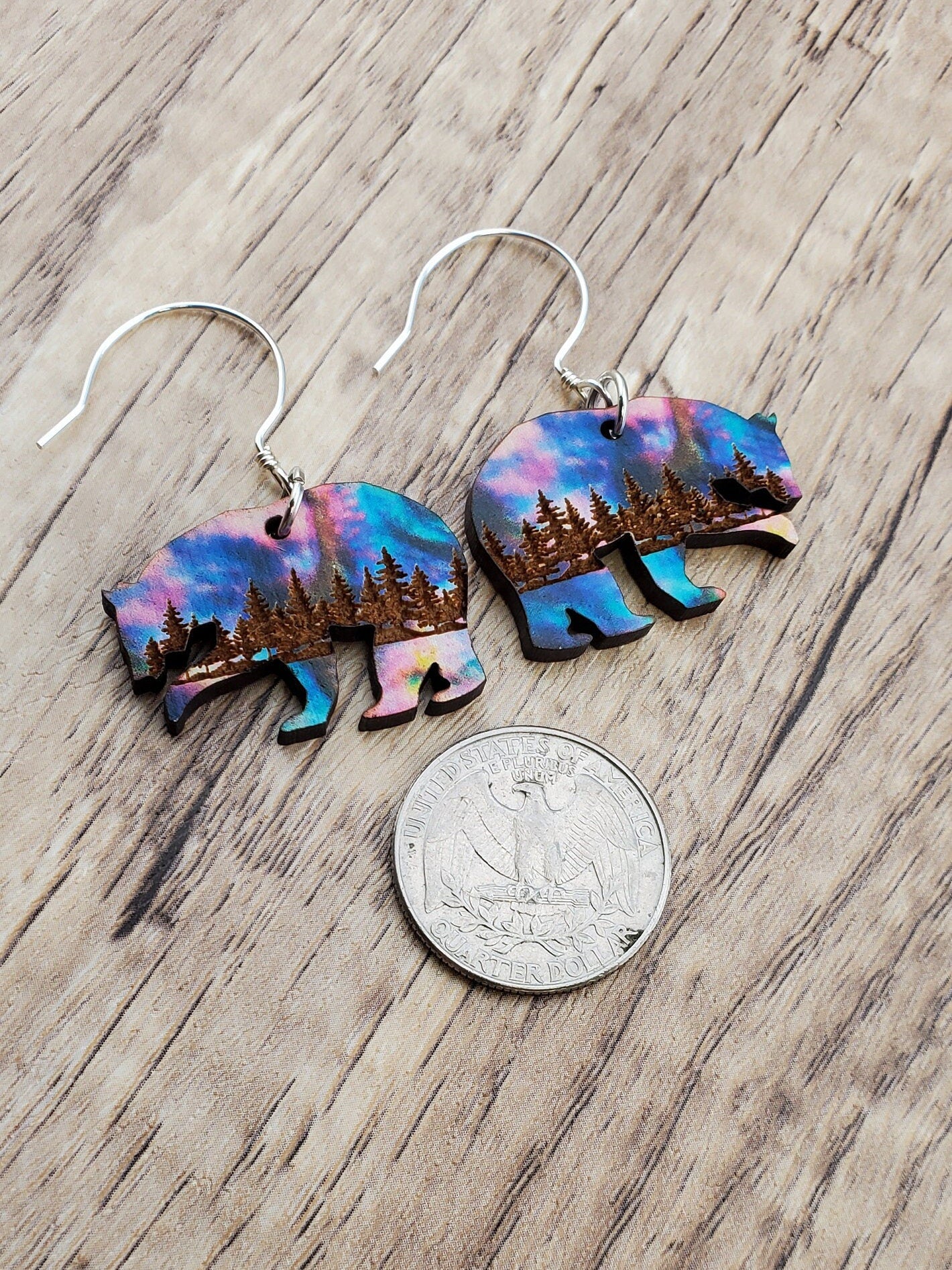 SS Northern Lights Polar Bear - Laser cut Lightweight Wood earrings - Sterling Silver Hooks