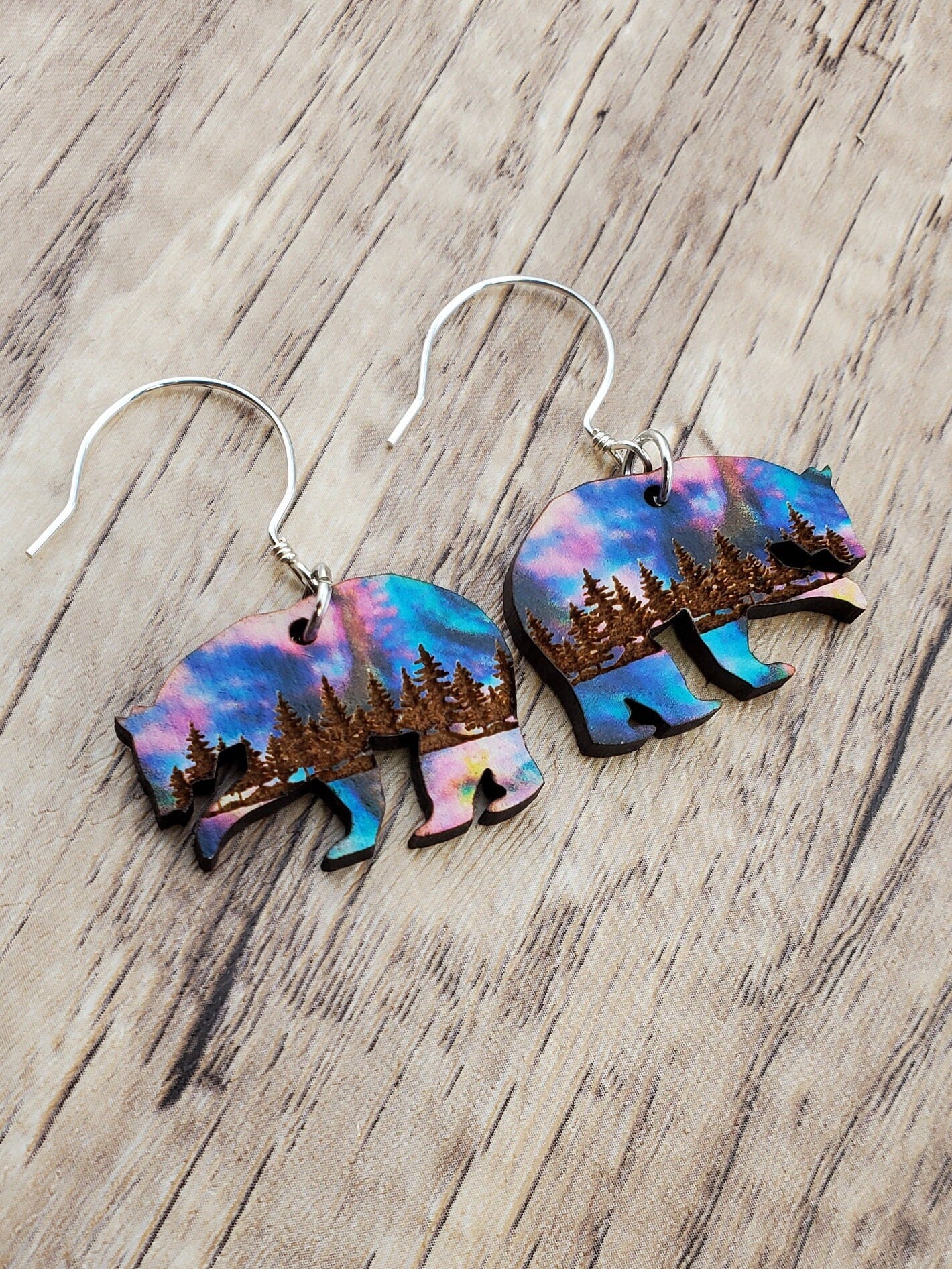 SS Northern Lights Polar Bear - Laser cut Lightweight Wood earrings - Sterling Silver Hooks