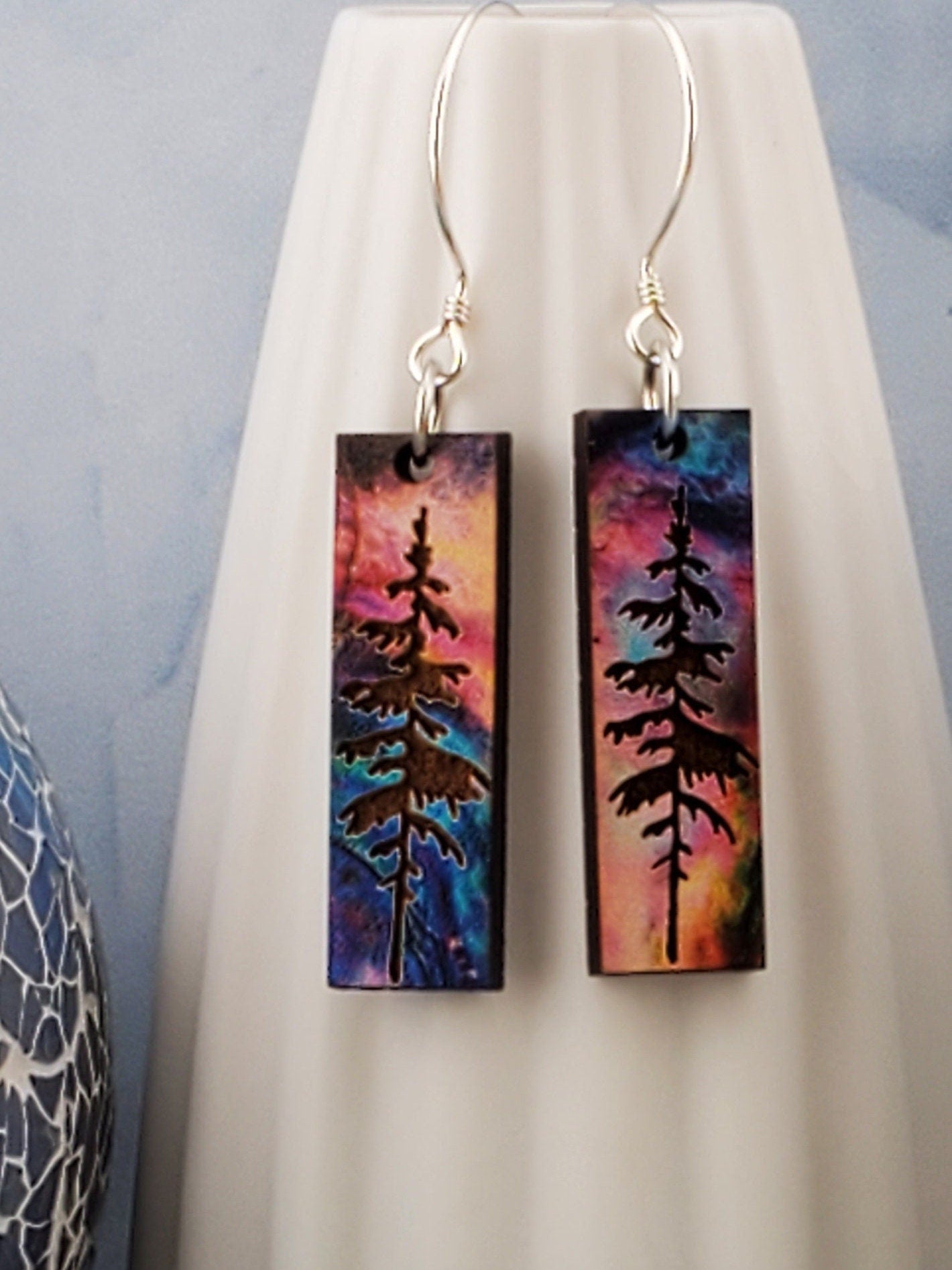 SS Northern Lights Forest Sky - Laser cut Lightweight Wood earrings - Sterling Silver Hooks