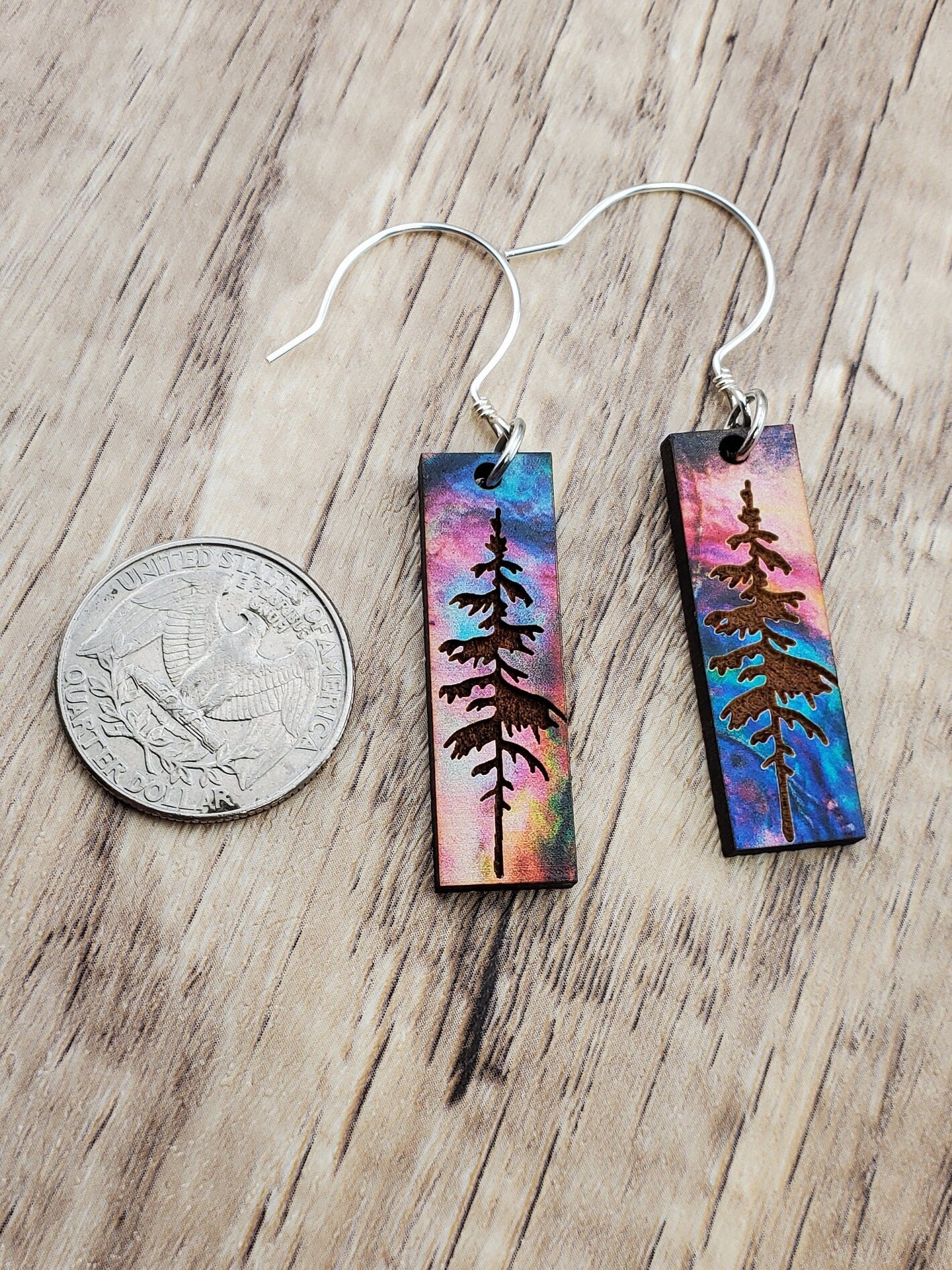 SS Northern Lights Forest Sky - Laser cut Lightweight Wood earrings - Sterling Silver Hooks