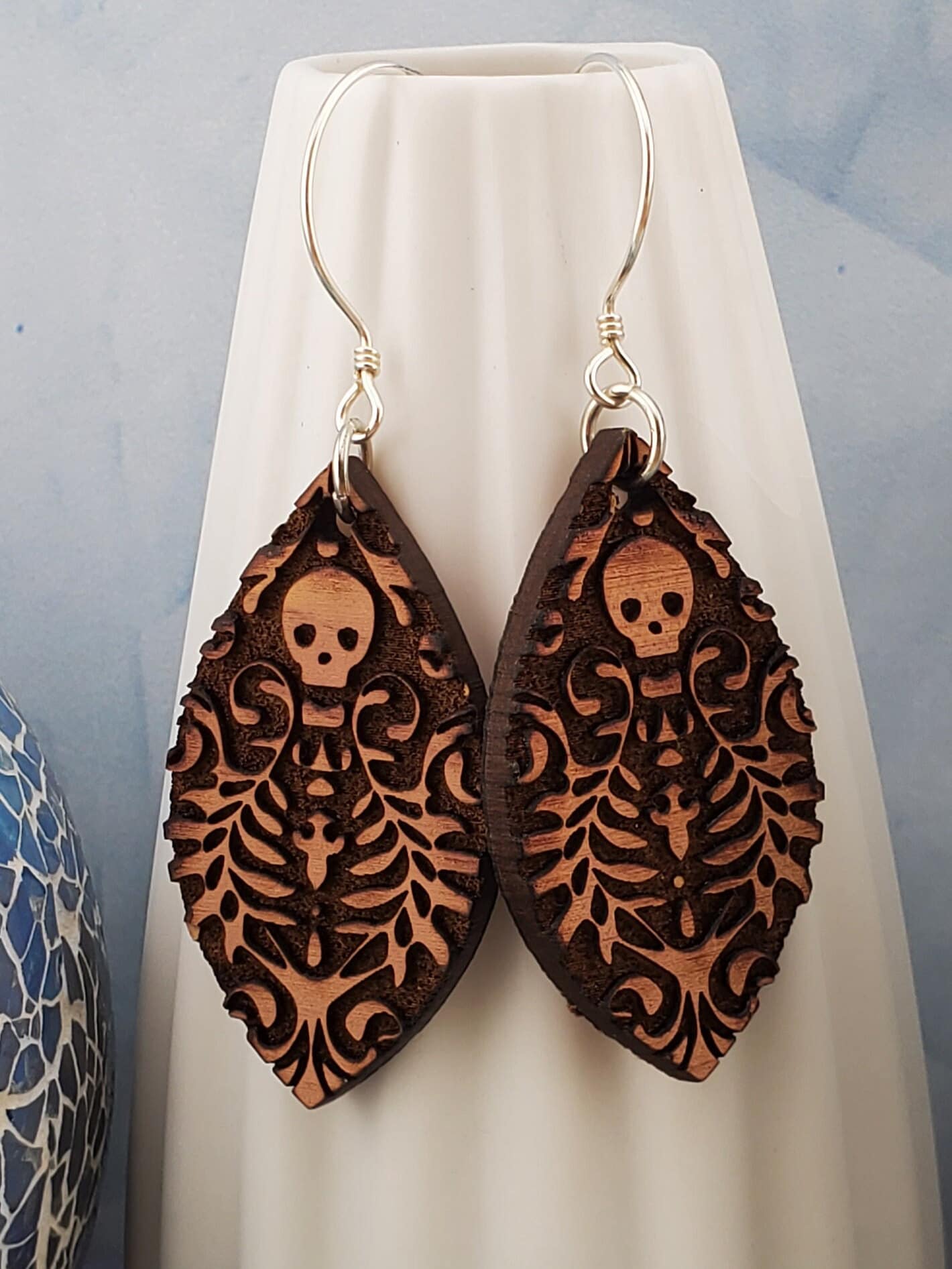 SS Day of the Dead Skull earrings - Laser cut Lightweight Wood earrings - Sterling Silver Hooks