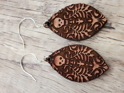 SS Day of the Dead Skull earrings - Laser cut Lightweight Wood earrings - Sterling Silver Hooks